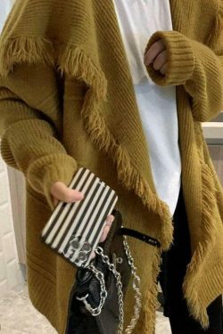 Coquette Aesthetic Tassel Trim Cardigan with Big Lapel - Y2K Fashion Statement