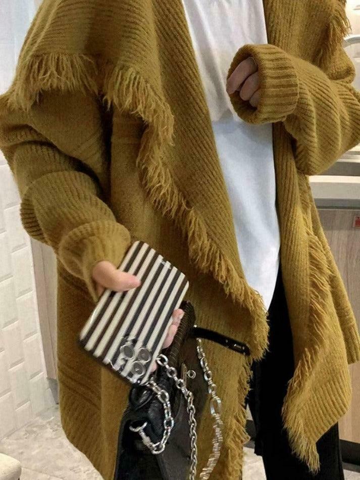 Coquette Aesthetic Tassel Trim Cardigan with Big Lapel - Y2K Fashion Statement Coquette Aesthetic Tassel Trim Cardigan with Big Lapel - Y2K Fashion Statement