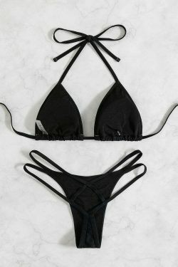 Coquette Aesthetic Tether Halter Pleated Beach Bikini - Y2K Fashion for Women