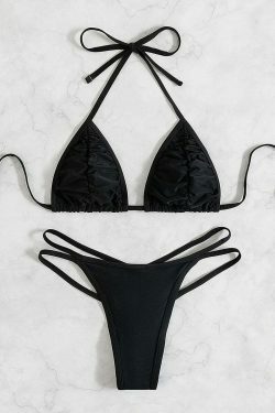 Coquette Aesthetic Tether Halter Pleated Beach Bikini - Y2K Fashion for Women