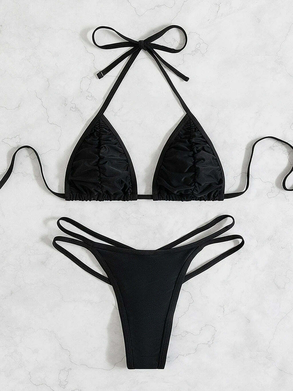 Coquette Aesthetic Tether Halter Pleated Beach Bikini - Y2K Fashion for Women