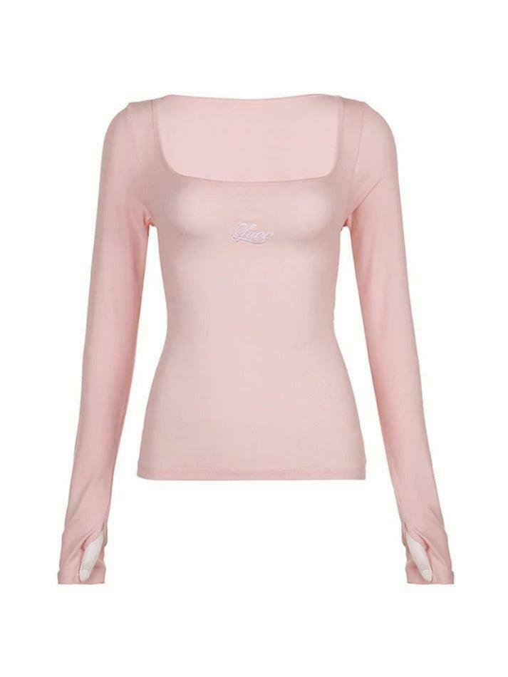 Coquette Aesthetic Tie-Back Embroidered Long Sleeve Tee in Y2K Fashion Coquette Aesthetic Tie-Back Embroidered Long Sleeve Tee in Y2K Fashion