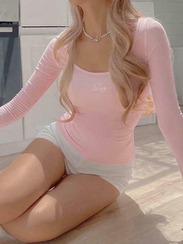 Coquette Aesthetic Tie-Back Embroidered Long Sleeve Tee in Y2K Fashion Coquette Aesthetic Tie-Back Embroidered Long Sleeve Tee in Y2K Fashion