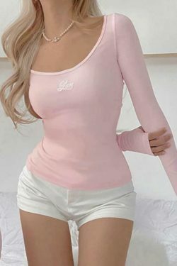 Coquette Aesthetic Tie-Back Embroidered Long Sleeve Tee in Y2K Fashion