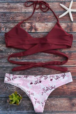 Coquette Aesthetic Tiny Floral Halter Wrap Bikini Set