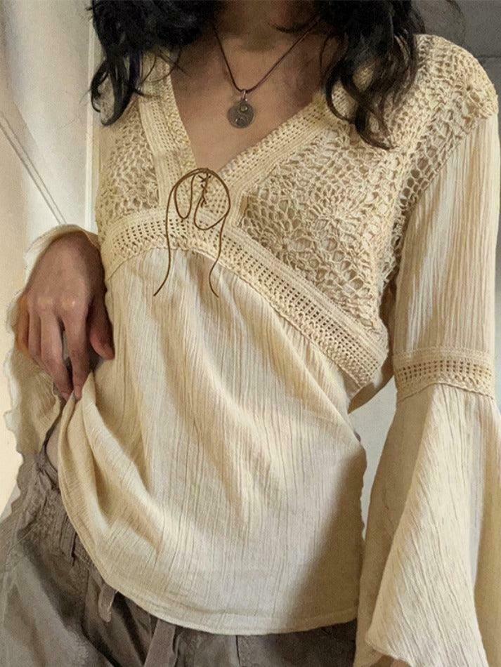 Coquette Aesthetic Tribal Cutout V-Neck Flared Sleeve Blouse - Y2K Fashion Statement Coquette Aesthetic Tribal Cutout V-Neck Flared Sleeve Blouse - Y2K Fashion Statement