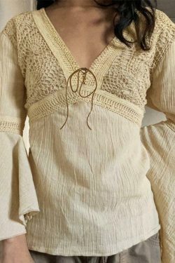 Coquette Aesthetic Tribal Cutout V-Neck Flared Sleeve Blouse - Y2K Fashion Statement