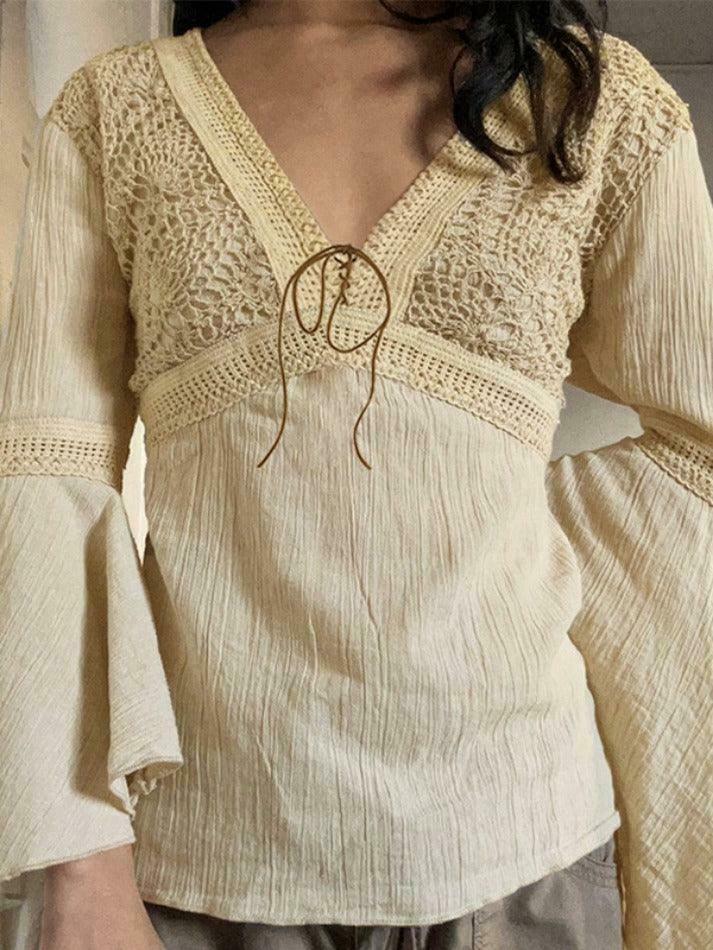 Coquette Aesthetic Tribal Cutout V-Neck Flared Sleeve Blouse - Y2K Fashion Statement Coquette Aesthetic Tribal Cutout V-Neck Flared Sleeve Blouse - Y2K Fashion Statement