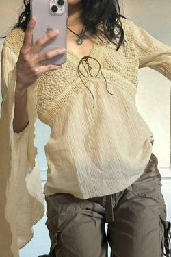 Coquette Aesthetic Tribal Cutout V-Neck Flared Sleeve Blouse - Y2K Fashion Statement