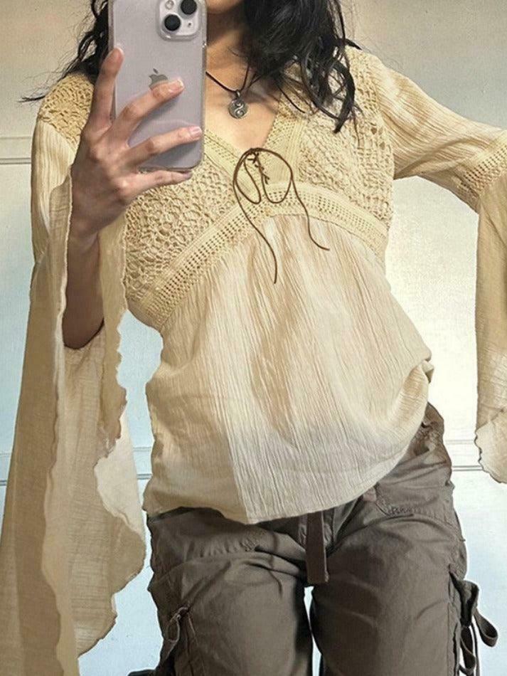 Coquette Aesthetic Tribal Cutout V-Neck Flared Sleeve Blouse - Y2K Fashion Statement Coquette Aesthetic Tribal Cutout V-Neck Flared Sleeve Blouse - Y2K Fashion Statement