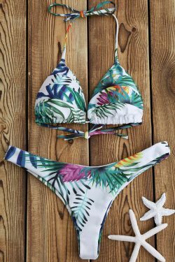 Coquette Aesthetic Tropical Palm Print Thong Bikini Set