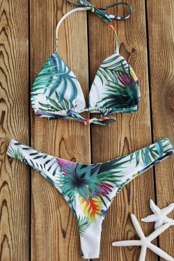 Coquette Aesthetic Tropical Palm Print Thong Bikini Set