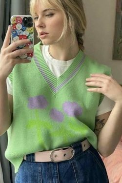 Coquette Aesthetic Tulip Knit Vest - Y2K Fashion Women's Clothing for Grunge and Pastel Goth Style