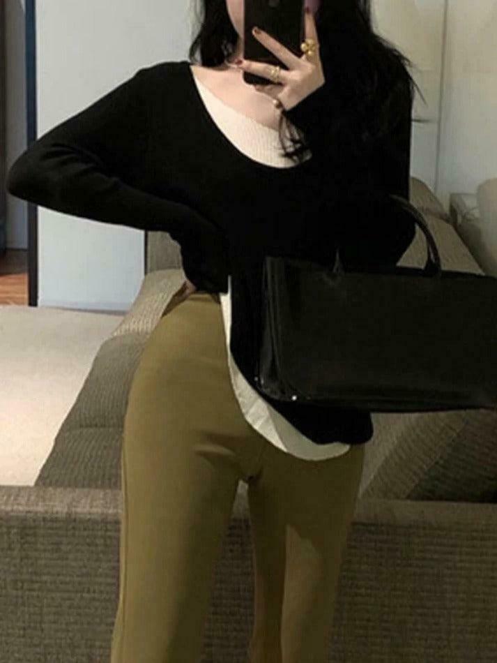 Coquette Aesthetic V-Neck Fake Two-Piece Knit Sweater Coquette Aesthetic V-Neck Fake Two-Piece Knit Sweater