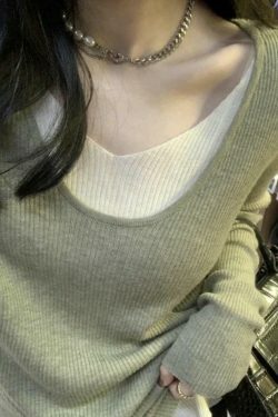 Coquette Aesthetic V-Neck Fake Two-Piece Knit Sweater