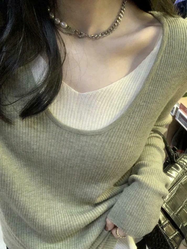 Coquette Aesthetic V-Neck Fake Two-Piece Knit Sweater Coquette Aesthetic V-Neck Fake Two-Piece Knit Sweater