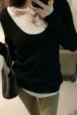 Coquette Aesthetic V-Neck Fake Two-Piece Knit Sweater