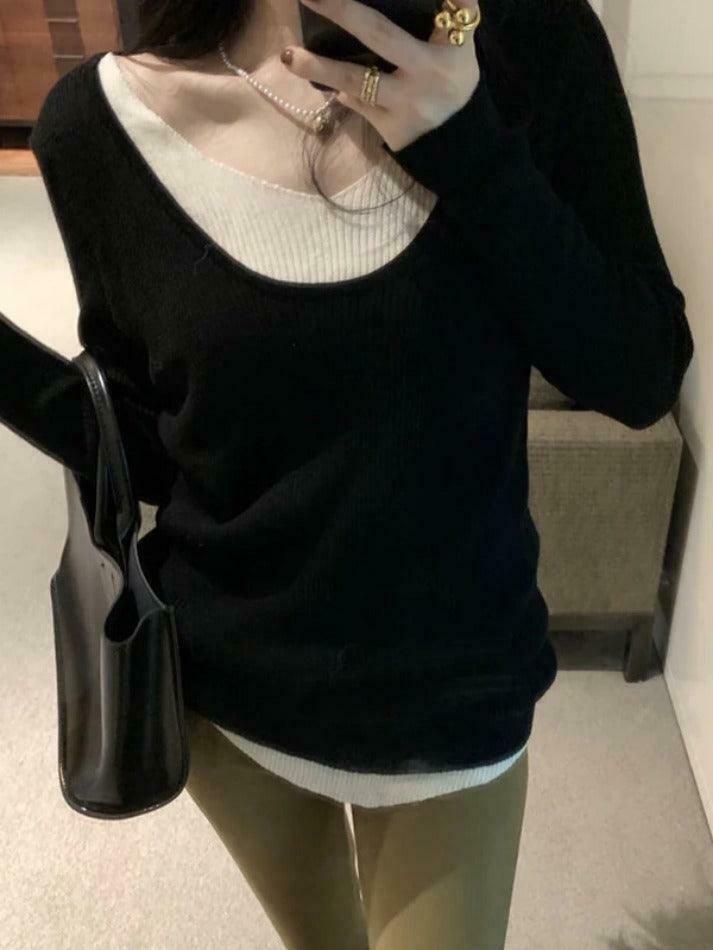 Coquette Aesthetic V-Neck Fake Two-Piece Knit Sweater Coquette Aesthetic V-Neck Fake Two-Piece Knit Sweater