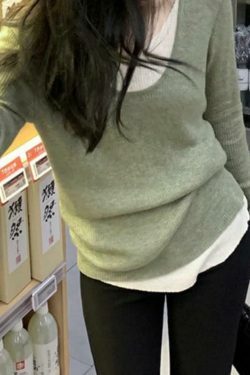 Coquette Aesthetic V-Neck Fake Two-Piece Knit Sweater