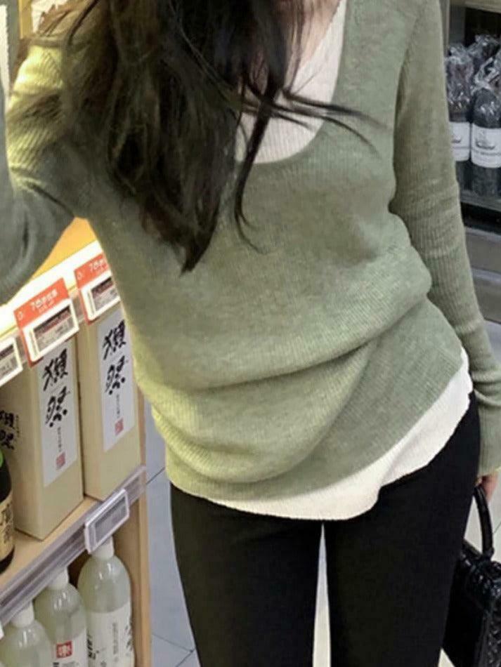 Coquette Aesthetic V-Neck Fake Two-Piece Knit Sweater Coquette Aesthetic V-Neck Fake Two-Piece Knit Sweater