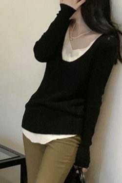 Coquette Aesthetic V-Neck Fake Two-Piece Knit Sweater