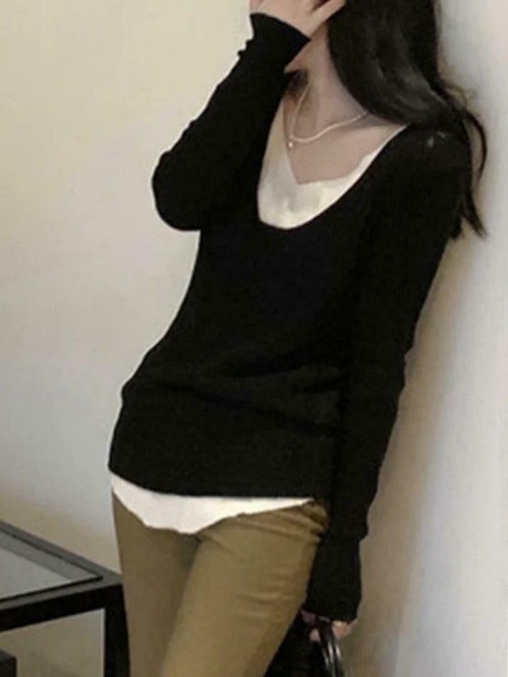 Coquette Aesthetic V-Neck Fake Two-Piece Knit Sweater Coquette Aesthetic V-Neck Fake Two-Piece Knit Sweater