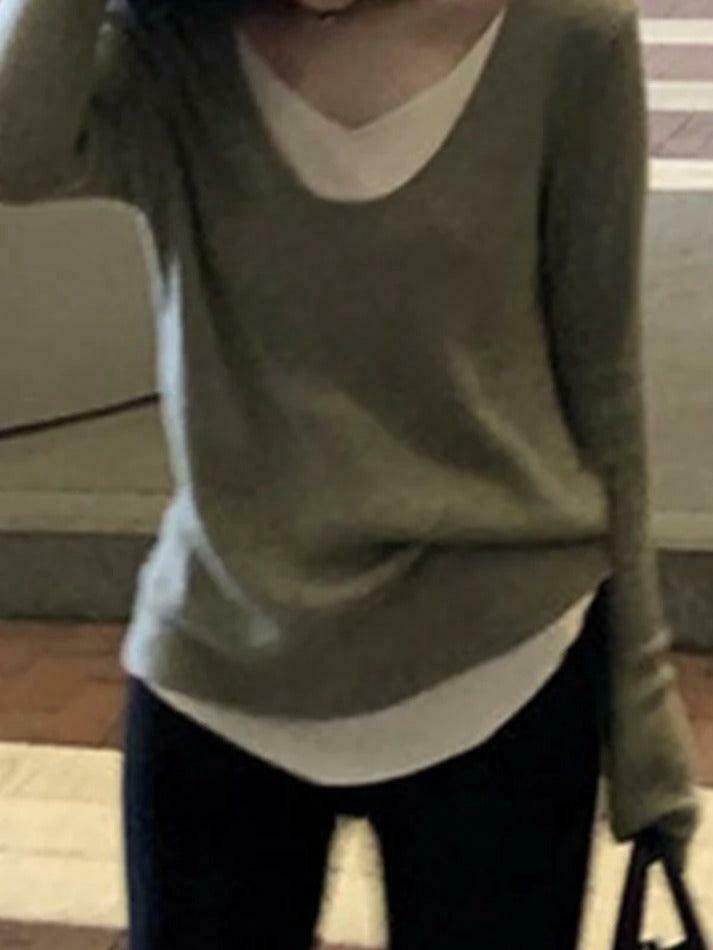 Coquette Aesthetic V-Neck Fake Two-Piece Knit Sweater Coquette Aesthetic V-Neck Fake Two-Piece Knit Sweater