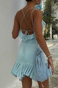 Coquette Aesthetic V-Neck Lace-Up Mini Dress with Pleated Hem