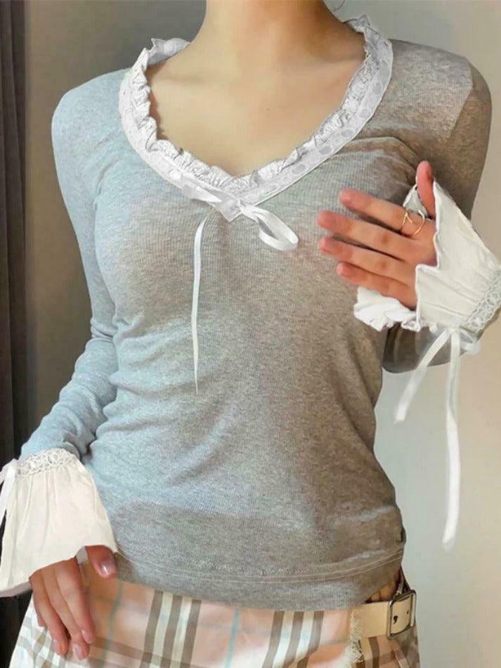Coquette Aesthetic V-Neck Lace Bow Flare Sleeve Knit Sweater Coquette Aesthetic V-Neck Lace Bow Flare Sleeve Knit Sweater