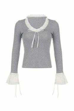 Coquette Aesthetic V-Neck Lace Bow Flare Sleeve Knit Sweater