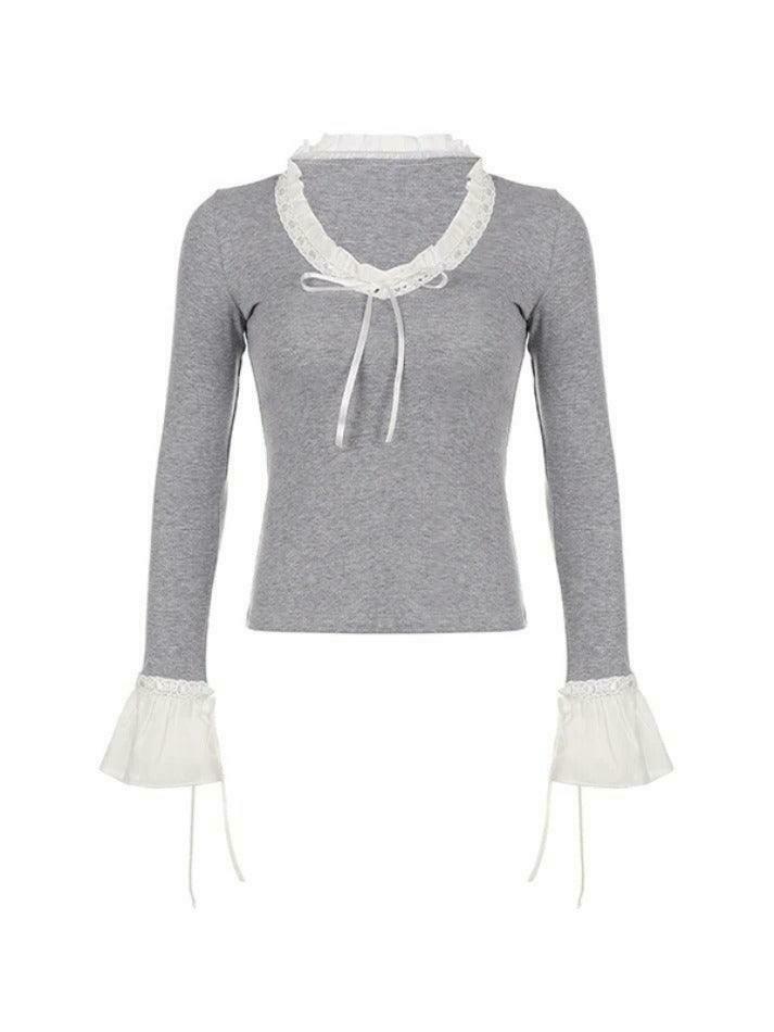Coquette Aesthetic V-Neck Lace Bow Flare Sleeve Knit Sweater Coquette Aesthetic V-Neck Lace Bow Flare Sleeve Knit Sweater