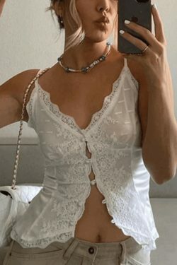 Coquette Aesthetic V-Neck Lace Embroidery Cami Top