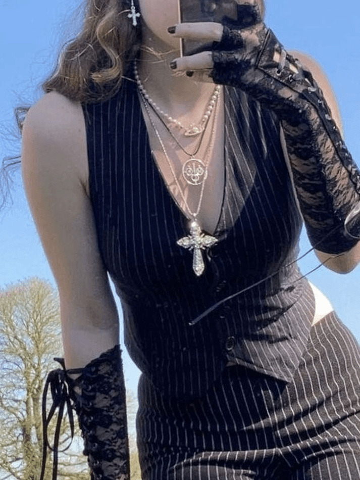 Coquette Aesthetic V-Neck Pinstriped Button Corset Top Coquette Aesthetic V-Neck Pinstriped Button Corset Top