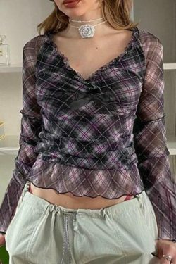 Coquette Aesthetic V-Neck Plaid Mesh Bow Long Sleeve Tee - Y2K Fashion Grunge Style