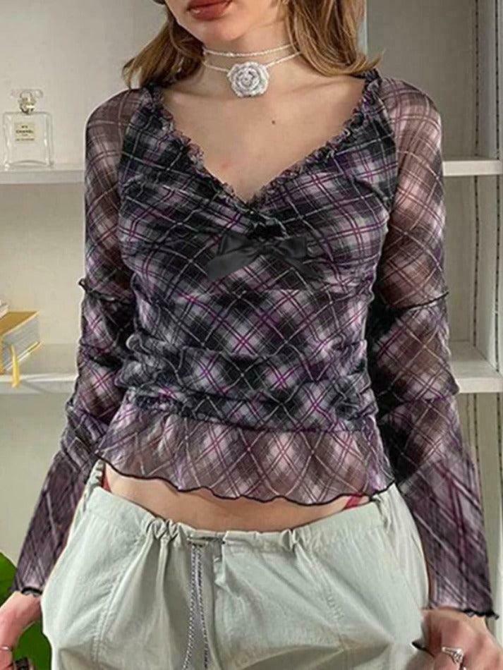 Coquette Aesthetic V-Neck Plaid Mesh Bow Long Sleeve Tee - Y2K Fashion Grunge Style Coquette Aesthetic V-Neck Plaid Mesh Bow Long Sleeve Tee - Y2K Fashion Grunge Style