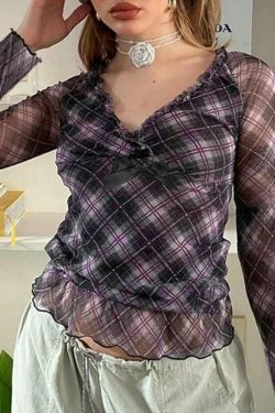 Coquette Aesthetic V-Neck Plaid Mesh Bow Long Sleeve Tee - Y2K Fashion Grunge Style
