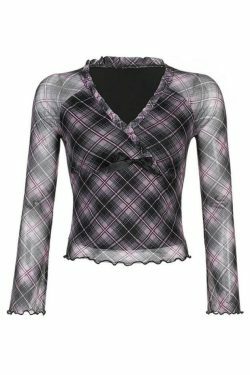 Coquette Aesthetic V-Neck Plaid Mesh Bow Long Sleeve Tee - Y2K Fashion Grunge Style