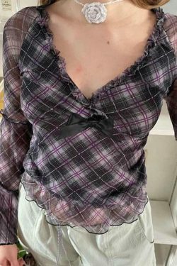 Coquette Aesthetic V-Neck Plaid Mesh Bow Long Sleeve Tee - Y2K Fashion Grunge Style