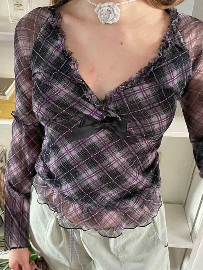 Coquette Aesthetic V-Neck Plaid Mesh Bow Long Sleeve Tee - Y2K Fashion Grunge Style Coquette Aesthetic V-Neck Plaid Mesh Bow Long Sleeve Tee - Y2K Fashion Grunge Style