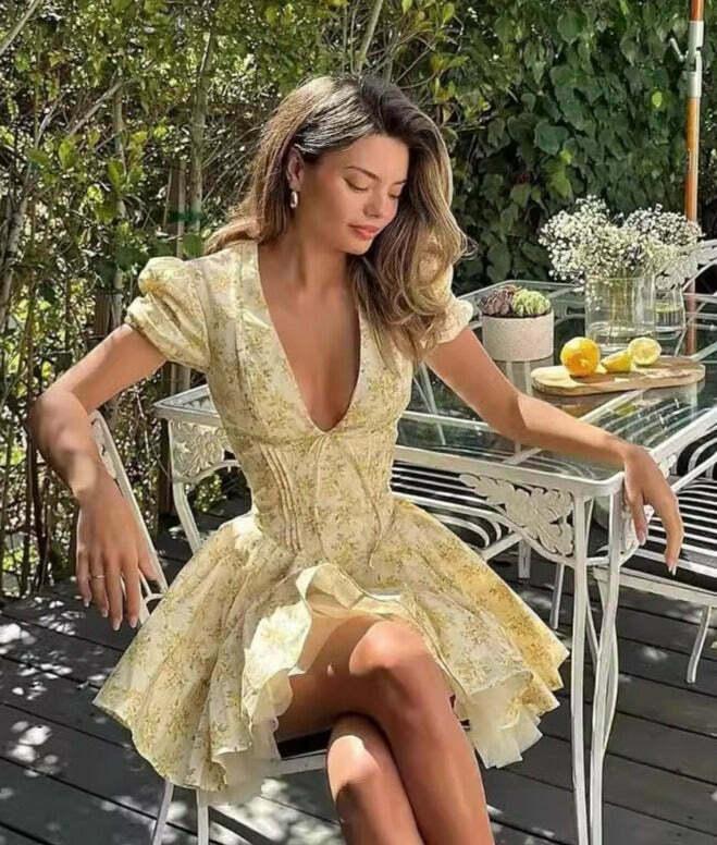 Coquette Aesthetic V-Neck Pleated Dress - Y2K Fashion Statement Coquette Aesthetic V-Neck Pleated Dress - Y2K Fashion Statement