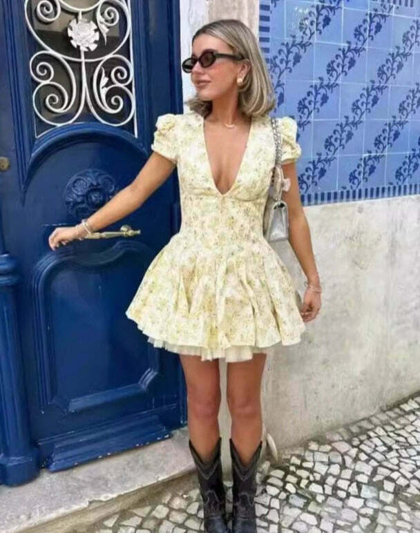 Coquette Aesthetic V-Neck Pleated Dress - Y2K Fashion Statement Coquette Aesthetic V-Neck Pleated Dress - Y2K Fashion Statement