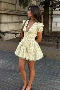 Coquette Aesthetic V-Neck Pleated Dress - Y2K Fashion Statement