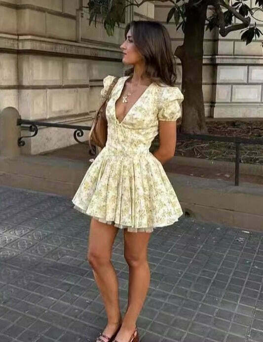 Coquette Aesthetic V-Neck Pleated Dress - Y2K Fashion Statement Coquette Aesthetic V-Neck Pleated Dress - Y2K Fashion Statement