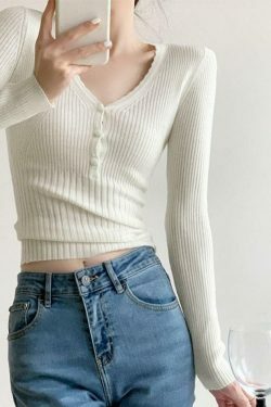 Coquette Aesthetic V-Neck Ribbed Knit Top with Button-Up Detail