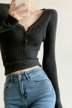 Coquette Aesthetic V-Neck Ribbed Knit Top with Button-Up Detail