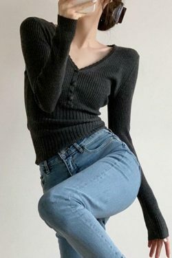 Coquette Aesthetic V-Neck Ribbed Knit Top with Button-Up Detail