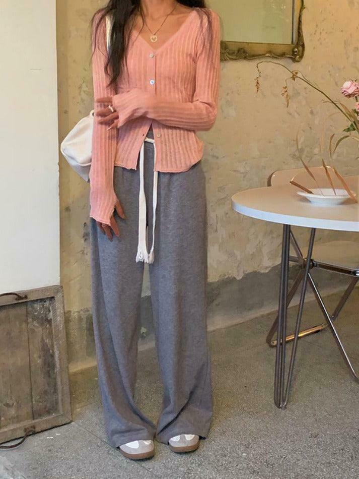 Coquette Aesthetic V-Neck Ribbed Thin Long Sleeve Knit Sweater Coquette Aesthetic V-Neck Ribbed Thin Long Sleeve Knit Sweater