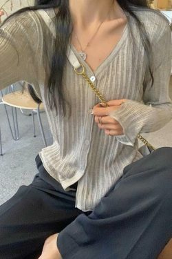 Coquette Aesthetic V-Neck Ribbed Thin Long Sleeve Knit Sweater