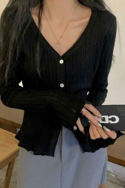 Coquette Aesthetic V-Neck Ribbed Thin Long Sleeve Knit Sweater