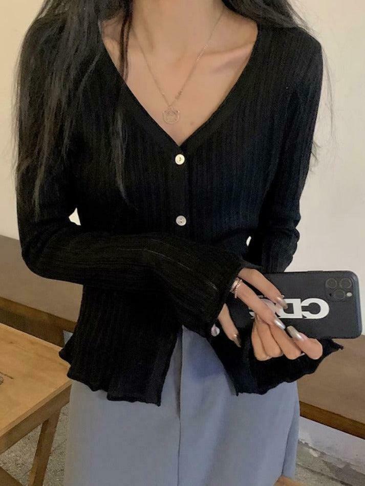 Coquette Aesthetic V-Neck Ribbed Thin Long Sleeve Knit Sweater Coquette Aesthetic V-Neck Ribbed Thin Long Sleeve Knit Sweater
